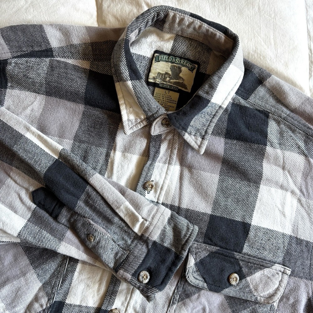 Field & Stream Heavy Cotton Flannel Mens LT Gray Buffalo Plaid Grunge Cabin Norm